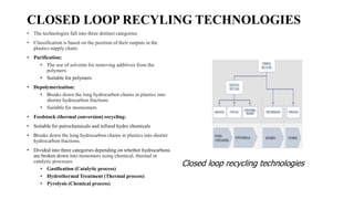 CLOSED LOOP RECYLING TECHNOLOGIES
• The technologies fall into three distinct categories.
• Classification is based on the...
