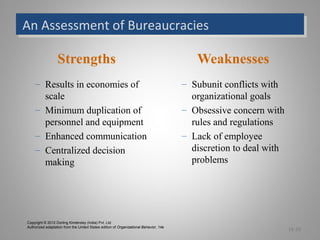 An Assessment of BureaucraciesAn Assessment of Bureaucracies
Strengths
– Results in economies of
scale
– Minimum duplication of
personnel and equipment
– Enhanced communication
– Centralized decision
making
Weaknesses
– Subunit conflicts with
organizational goals
– Obsessive concern with
rules and regulations
– Lack of employee
discretion to deal with
problems
15-10
Copyright © 2012 Dorling Kindersley (India) Pvt. Ltd
Authorized adaptation from the United States edition of Organizational Behavior, 14e
 