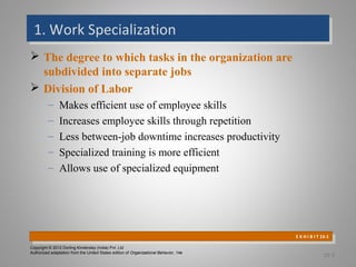 1. Work Specialization1. Work Specialization
 The degree to which tasks in the organization are
subdivided into separate jobs
 Division of Labor
– Makes efficient use of employee skills
– Increases employee skills through repetition
– Less between-job downtime increases productivity
– Specialized training is more efficient
– Allows use of specialized equipment
15-2
E X H I B I T 15-1
E X H I B I T 15-1
Copyright © 2012 Dorling Kindersley (India) Pvt. Ltd
Authorized adaptation from the United States edition of Organizational Behavior, 14e
 