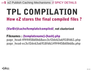 :~$ eZ Publish Caching Mechanisms // SPICY DETAILS


   TPL COMPILATION
   How eZ stores the final compiled files ?

   {VarDir}/cache/template/compiled/, not clusterized

   Filenames : {templatename}-{hash}.php
   page_head-49f4458d0b68aec3cf2de63a6918fd61.php
   page_head-ec3cf2de63a6918fd6149f4458d0b68a.php




                                                        10 / 61
 