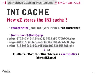 :~$ eZ Publish Caching Mechanisms // SPICY DETAILS


   INI CACHE
   How eZ stores the INI cache ?
    ➔   var/cache/ini ( and not /{varDir}/ini ), not clusterized

    ➔ {inifilename}-{hash}.php
   design-677247a49e428aa0837411b52777b920.php
   design-704216b4d0e3ea68c09742504bb366c8.php
   design-7333039e7e19aa411f8dd01836555861.php
                                    md5

         FileName / RootDir / DirectAccess / overrideDirs /
                         internalCharset



                                                                   17 / 61
 