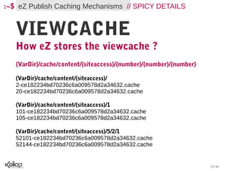 :~$ eZ Publish Caching Mechanisms // SPICY DETAILS


   VIEWCACHE
   How eZ stores the viewcache ?
   {VarDir}/cache/content/{siteaccess}/{number}/{number}/{number}

   {VarDir}/cache/content/{siteaccess}/
   2-ce182234bd70236c6a009578d2a34632.cache
   20-ce182234bd70236c6a009578d2a34632.cache

   {VarDir}/cache/content/{siteaccess}/1
   101-ce182234bd70236c6a009578d2a34632.cache
   105-ce182234bd70236c6a009578d2a34632.cache

   {VarDir}/cache/content/{siteaccess}/5/2/1
   52101-ce182234bd70236c6a009578d2a34632.cache
   52144-ce182234bd70236c6a009578d2a34632.cache


                                                                    23 / 61
 