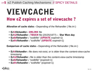 :~$ eZ Publish Caching Mechanisms // SPICY DETAILS


   VIEWCACHE
   How eZ expires a set of viewcache ?
   Alteration of cache states - Depending of the filehandler ( file.ini )

     ➔   Ezfsfilehandler : UNLINK file
     ➔   Ezfs2filehandler : TOUCH file (25/25/1977) ← Star Wars day
     ➔   Ezdbfilehandler : "ezdbfile" (UPDATE expired=1)
     ➔   Ezdfsfilehandler : "ezdfsfile" (UPDATE expired=1)

   Comparison of cache states - Depending of the filehandler ( file.ini )

     ➔   Ezfsfilehandler : file does not exist, or is older than the content-view-cache
         timestamp
     ➔   Ezfs2filehandler : file is older than the content-view-cache timestamp
     ➔   Ezdbfilehandler : "ezdbfile" (expired=1)
     ➔   Ezdfsfilehandler : "ezdfsfile" (expired=1)

                                                                                    26 / 61
 