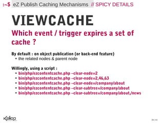 :~$ eZ Publish Caching Mechanisms // SPICY DETAILS


   VIEWCACHE
   Which event / trigger expires a set of
   cache ?
   By default : on object publication (or back-end feature)
    ➔ the related nodes & parent node




   Willingly, using a script :
    ➔ bin/php/ezcontentcache.php –clear-node=2

    ➔ bin/php/ezcontentcache.php –clear-node=2,46,63

    ➔ bin/php/ezcontentcache.php –clear-node=/company/about

    ➔ bin/php/ezcontentcache.php –clear-subtree=/company/about

    ➔ bin/php/ezcontentcache.php –clear-subtree=/company/about,/news




                                                                       28 / 61
 