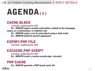 :~$ eZ Publish Caching Mechanisms // SPICY DETAILS


   AGENDA ( 2 )
   CACHE-BLOCK
       Concept / exploring the VAR
       Ex : HOWTO expire a named cache-block, related to the homepage
   expiry, or a contentclass, or whatever else
       Ex : HOWTO expire a set of cache-block using a shell script
       Ex : HOWTO build the perfect pagelayout

   EXPIRY.PHP FILE
       Concept / exploring the VAR

   EZCACHE.PHP SCRIPT
       Concept / exploring the VAR
       Ex : HOWTO create a custom ezcache.php --id=myid

   PHP CACHE
       Ex : HOWTO generate a PHP based cache file
                                                                        3 / 61
 
