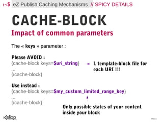 :~$ eZ Publish Caching Mechanisms // SPICY DETAILS


   CACHE-BLOCK
   Impact of common parameters
   The « keys » parameter :

   Please AVOID :
   {cache-block keys=$uri_string}     1 template-block file for
   ...                                each URI !!!
   {/cache-block}

   Use instead :
   {cache-block keys=$my_custom_limited_range_key}
   ...
   {/cache-block}
                        Only possible states of your content
                        inside your block
                                                                  39 / 61
 