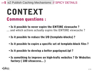 :~$ eZ Publish Caching Mechanisms // SPICY DETAILS


   CONTEXT
   Common questions :
    ➔Is it possible to never expire the ENTIRE viewcache ?
   … and which actions actually expire the ENTIRE viewcache ?

    ➔   Is it possible to reduce the I/O (template-blocks) ?

    ➔   Is it possible to expire a specific set ot template-block files ?

    ➔   Is it possible to develop a better pagelayout.tpl ?

    ➔   Is something to improve on high-trafic websites ? Or Websites
        factory ( 100 siteaccess... )

                                                                        4 / 61
 