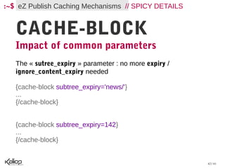 :~$ eZ Publish Caching Mechanisms // SPICY DETAILS


   CACHE-BLOCK
   Impact of common parameters
   The « sutree_expiry » parameter : no more expiry /
   ignore_content_expiry needed

   {cache-block subtree_expiry='news/'}
   ...
   {/cache-block}


   {cache-block subtree_expiry=142}
   ...
   {/cache-block}


                                                        42 / 61
 