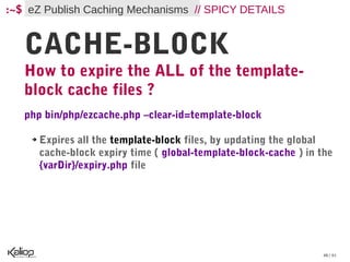 :~$ eZ Publish Caching Mechanisms // SPICY DETAILS


   CACHE-BLOCK
   How to expire the ALL of the template-
   block cache files ?
   php bin/php/ezcache.php –clear-id=template-block

    ➔   Expires all the template-block files, by updating the global
        cache-block expiry time ( global-template-block-cache ) in the
        {varDir}/expiry.php file




                                                                    48 / 61
 