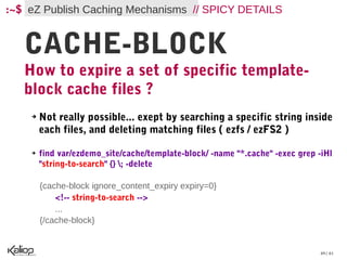 :~$ eZ Publish Caching Mechanisms // SPICY DETAILS


   CACHE-BLOCK
   How to expire a set of specific template-
   block cache files ?
    ➔   Not really possible... exept by searching a specific string inside
        each files, and deleting matching files ( ezfs / ezFS2 )

    ➔   find var/ezdemo_site/cache/template-block/ -name "*.cache" -exec grep -iHl
        "string-to-search" {} ; -delete

        {cache-block ignore_content_expiry expiry=0}
            <!-- string-to-search -->
            ...
        {/cache-block}


                                                                               49 / 61
 