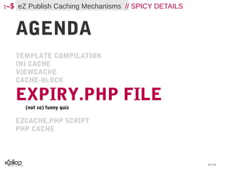 :~$ eZ Publish Caching Mechanisms // SPICY DETAILS


   AGENDA
   TEMPLATE COMPILATION
   INI CACHE
   VIEWCACHE
   CACHE-BLOCK

   EXPIRY.PHP FILE
      (not so) funny quiz

   EZCACHE.PHP SCRIPT
   PHP CACHE




                                                     52 / 61
 