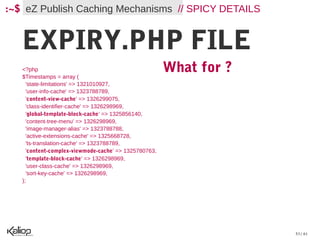 :~$ eZ Publish Caching Mechanisms // SPICY DETAILS


   EXPIRY.PHP FILE
   <?php
   $Timestamps = array (
                                                       What for ?
     'state-limitations' => 1321010927,
     'user-info-cache' => 1323788789,
     'content-view-cache' => 1326299075,
     'class-identifier-cache' => 1326298969,
     'global-template-block-cache' => 1325856140,
     'content-tree-menu' => 1326298969,
     'image-manager-alias' => 1323788788,
     'active-extensions-cache' => 1325668728,
     'ts-translation-cache' => 1323788789,
     'content-complex-viewmode-cache' => 1325780763,
     'template-block-cache' => 1326298969,
     'user-class-cache' => 1326298969,
     'sort-key-cache' => 1326298969,
   );




                                                                    53 / 61
 