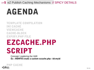 :~$ eZ Publish Caching Mechanisms // SPICY DETAILS


   AGENDA
   TEMPLATE COMPILATION
   INI CACHE
   VIEWCACHE
   CACHE-BLOCK
   EXPIRY.PHP FILE

   EZCACHE.PHP
   SCRIPT
      Concept / exploring the VAR
      Ex : HOWTO create a custom ezcache.php --id=myid


   PHP CACHE
                                                         54 / 61
 