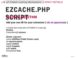 :~$ eZ Publish Caching Mechanisms // SPICY DETAILS


   EZCACHE.PHP
   SCRIPT
   MAIN ALGORITHM
    Add your own ID for your extensions ( site.ini.append.php )

    # Cache item entry (for eZ Publish 4.3 and up)
    [Cache]
    CacheItems[]=ezjscore

    [Cache_ezjscore]
    name=eZJSCore Public Packer cache
    id=ezjscore-packer
    tags[]=content
    tags[]=template
    path=public
    isClustered=true

                                                                  58 / 61
 