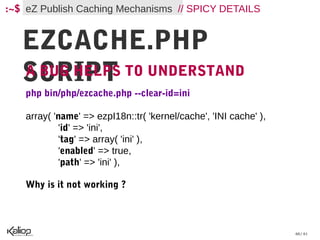 :~$ eZ Publish Caching Mechanisms // SPICY DETAILS


   EZCACHE.PHP
   SCRIPT
   A BUG HELPS TO UNDERSTAND
    php bin/php/ezcache.php --clear-id=ini

    array( 'name' => ezpI18n::tr( 'kernel/cache', 'INI cache' ),
            'id' => 'ini',
            'tag' => array( 'ini' ),
            'enabled' => true,
            'path' => 'ini' ),

    Why is it not working ?



                                                                   60 / 61
 
