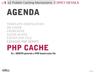 :~$ eZ Publish Caching Mechanisms // SPICY DETAILS


   AGENDA
   TEMPLATE COMPILATION
   INI CACHE
   VIEWCACHE
   CACHE-BLOCK
   EXPIRY.PHP FILE
   EZCACHE.PHP SCRIPT

   PHP CACHE
      Ex : HOWTO generate a PHP based cache file




                                                     61 / 61
 