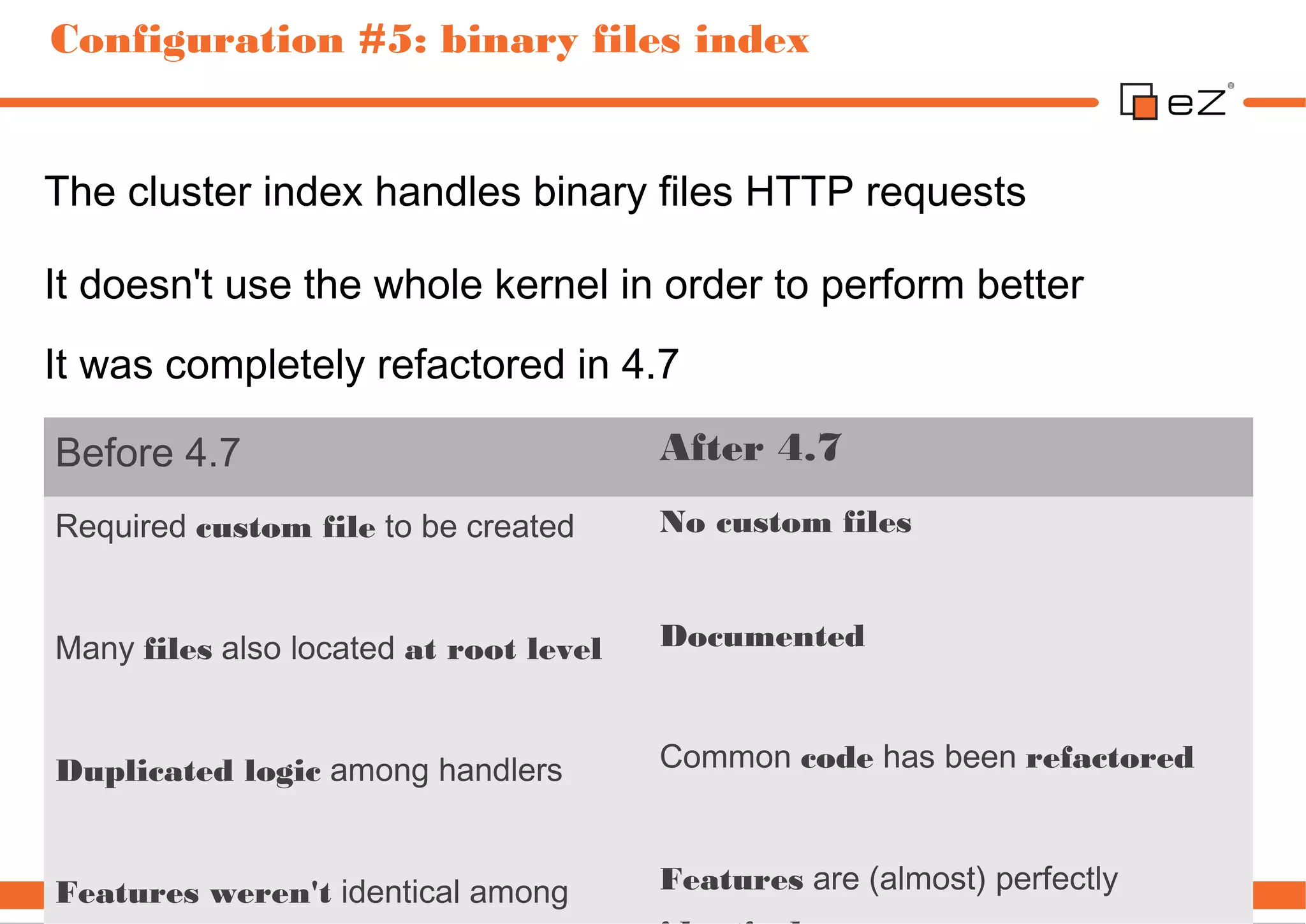 Configuration #5: binary files index


The cluster index handles binary files HTTP requests

It doesn't use the whole kernel in order to perform better
It was completely refactored in 4.7

Before 4.7                              After 4.7
Required custom file to be created      No custom files


Many files also located at root level   Documented



Duplicated logic among handlers         Common code has been refactored



Features weren't identical among        Features are (almost) perfectly
 