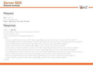 Server SDK
Request example



Request
GET / HTTP/1.1
Host: api.example.net
Accept: application/vnd.ez.api.Root+xml



Resp...