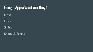 Google Apps: What are they?
Drive
Docs
Slides
Sheets & Forms
 