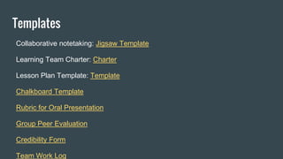 Templates
Collaborative notetaking: Jigsaw Template
Learning Team Charter: Charter
Lesson Plan Template: Template
Chalkboard Template
Rubric for Oral Presentation
Group Peer Evaluation
Credibility Form
Team Work Log
 
