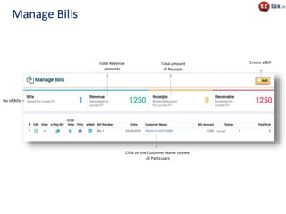 Create a Bill
No of Bills
Total Revenue
Amounts
Total Amount
of Receipts
Click on the Customer Name to view
all Particulars
Manage Bills
 