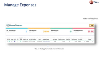 Add to Create Expenses
Click on the Supplier name to view all Particulars
Manage Expenses
 