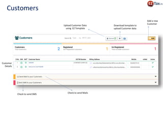 Upload Customer Data
using EZ Template
Add a new
Customer
Download template to
upload Customer data
Customer
Details
Check to send Mails
Check to send SMS
Customers
 