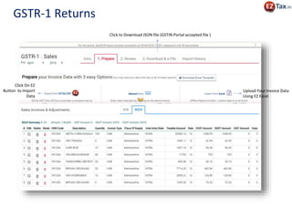 GSTR-1 Returns
Upload Your Invoice Data
Using EZ Excel
Click to Download JSON file (GSTIN Portal accepted file )
Click On EZ
Button to Import
Data
 
