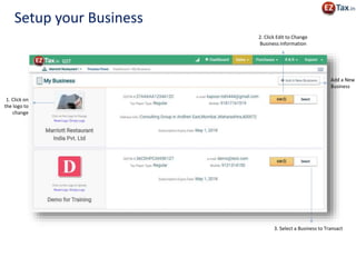 1. Click on
the logo to
change
2. Click Edit to Change
Business information
Add a New
Business
3. Select a Business to Transact
Setup your Business
 