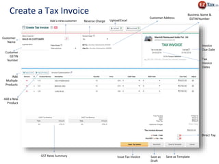 Issue Tax Invoice
Customer
Name
Customer
GSTIN
Number
Add
Multiple
Products
GST Rates Summary
Business Name &
GSTIN NumberCustomer Address
Save as
Draft
Save as Template
Tax
Invoice
Dates
Invoice
Due Date
Direct Pay
Upload ExcelAdd a new customer Reverse Charge
Create a Tax Invoice
 