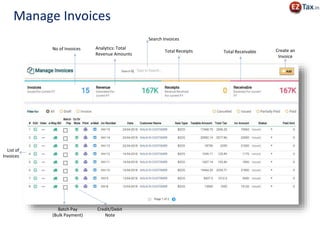 Create an
Invoice
No of Invoices Analytics: Total
Revenue Amounts
Total Receipts Total Receivable
List of
Invoices
Batch Pay
(Bulk Payment)
Credit/Debit
Note
Search Invoices
Manage Invoices
 