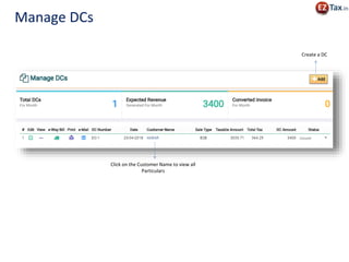 Click on the Customer Name to view all
Particulars
Create a DC
Manage DCs
 