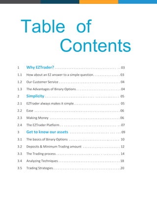 Table of
Contents
1 Why EZTrader? . . . . . . . . . . . . . . . . . . . . . . . . . . . . . . . . . . . . . . 03
1.1 How about an EZ answer to a simple question. . . . . . . . . . . . . . . . 03
1.2 Our Customer Service . . . . . . . . . . . . . . . . . . . . . . . . . . . . . . . . . . . . 04
1.3 The Advantages of Binary Options . . . . . . . . . . . . . . . . . . . . . . . . . . 04
2 Simplicity . . . . . . . . . . . . . . . . . . . . . . . . . . . . . . . . . . . . . . . . . . . 05
2.1 EZTrader always makes it simple. . . . . . . . . . . . . . . . . . . . . . . . . . . 05
2.2 Ease . . . . . . . . . . . . . . . . . . . . . . . . . . . . . . . . . . . . . . . . . . . . . . . . . . 06
2.3 Making Money . . . . . . . . . . . . . . . . . . . . . . . . . . . . . . . . . . . . . . . . . 06
2.4 The EZTrader Platform . . . . . . . . . . .. . . . . . .. . . . . . .. . . . . . . . . . . 07
3 Get to know our assets . . . . . . . . . . . . . . . . . . . . . . . . . . . . . 09
3.1 The basics of Binary Options . . . . . . . . . . . . . . . . . . . . . . .. . . . . . . 10
3.2 Deposits & Minimum Trading amount . . . . . . . . . . . . . . . . . . . . . . 12
3.3 The Trading process . . . . . . . . . . . . . . . . . . . . . . . . . . . . . . . . . . . . 14
3.4 Analyzing Techniques . . . . . . . . . . . . . . . . . . . . . . . . . . . . . . . . . . . . 18
3.5 Trading Strategies. . . . . . . . . . . . . . . . . . . . . . . . . . . . . . . . . . . . . . . .20
 