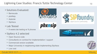 Lightning Case Studies: Francis Tuttle Technology Center           19

> Solutions Evaluated:
  •   Barracuda
  •   pbxNsip
  •   Asterisk
  •   SipXecs

> Lab Tested
  • 8 weeks lab testing w/ 8 phones
> SipXecs 4.2 selected
  •   Open Source code
  •   Consultants on contract for implementation / support
  •   Commercial version available
  •   Major University in neighboring state implementing SipXecs
  •   Low cost
 
