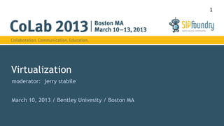 1




Virtualization
moderator: jerry stabile


March 10, 2013 / Bentley Univesity / Boston MA
 