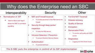 Why does the Enterprise need an SBC
      Interoperability                                          Security                                       Other
   Normalization of SIP                   NAT and Firewall traversal                          Far End NAT Traversal
                                                To enable placement of the PBX behind the   
         Back to Back User Agent                                                                Disaster recovery
                                                 firewall
          allows the SBC to normalize                                                           Quality of Service
          signalling
                                           Security through deep packet
                                                                                                Encryption
                                            inspection
                                                To keep the PBX secure
                                                                                                Demarcation Point
                                                                                                     To monitor call quality with MOS
                                           Intrusion Detection / Prevention                          scores
                                                To prevent Denial of Service Attacks
                                                                                                Diagnostics
                                           Authentication                                           Logging and Wire Shark traces

                                                To prevent toll fraud


         The E-SBC puts the enterprise in control of its SIP implementation
 