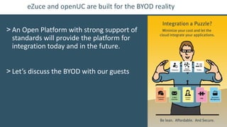 eZuce and openUC are built for the BYOD reality


> An Open Platform with strong support of
  standards will provide the platform for
  integration today and in the future.


> Let’s discuss the BYOD with our guests
 