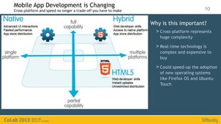 Mobile App Development is Changing
Cross-platform and speed no longer a trade-off you have to make                             10

                                                                  Why is this important?
                                                                    > Cross-platform represents
                                                                      huge complexity

                                                                    > Real-time technology is
                                                                      complex and expensive to
                                                                      buy

                                                                    > Could speed-up the adoption
                                                                      of new operating systems
                                                                      like Firefox OS and Ubuntu
                                                                      Touch
 