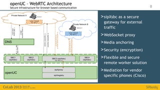 openUC – WebRTC Architecture
Secure infrastructure for browser based communication                              8

                                                        > sipXsbc as a secure
                                                         gateway for external
                                                         traffic
                                                        > WebSocket proxy
                                                        > Media anchoring
                                                        > Security (encryption)
                                                        > Flexible and secure
                                                         remote worker solution
                                                        > Mediation for vendor
                                                         specific phones (Cisco)
 