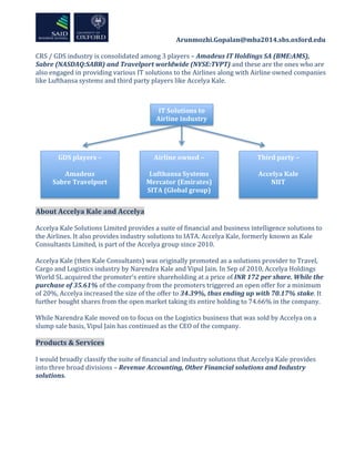  	
  	
  	
  	
  	
  	
  	
  	
  	
  	
  	
  	
  	
  	
  	
  	
  	
  	
  	
  	
  	
  	
  	
  	
  	
  	
  	
  	
  	
  	
  	
  	
  	
  	
  	
  	
  	
  	
  	
  	
  	
  	
  	
  Arunmozhi.Gopalan@mba2014.sbs.oxford.edu	
  
	
  
	
  
CRS	
  /	
  GDS	
  industry	
  is	
  consolidated	
  among	
  3	
  players	
  –	
  Amadeus	
  IT	
  Holdings	
  SA	
  (BME:AMS),	
  
Sabre	
  (NASDAQ:SABR)	
  and	
  Travelport	
  worldwide	
  (NYSE:TVPT)	
  and	
  these	
  are	
  the	
  ones	
  who	
  are	
  
also	
  engaged	
  in	
  providing	
  various	
  IT	
  solutions	
  to	
  the	
  Airlines	
  along	
  with	
  Airline	
  owned	
  companies	
  
like	
  Lufthansa	
  systems	
  and	
  third	
  party	
  players	
  like	
  Accelya	
  Kale.	
  	
  
	
  
	
  
	
  
	
  
	
  
	
  
	
  
	
  
	
  
	
  
	
  
	
  
	
  
	
  
	
  
About	
  Accelya	
  Kale	
  and	
  Accelya	
  
	
  
Accelya	
  Kale	
  Solutions	
  Limited	
  provides	
  a	
  suite	
  of	
  financial	
  and	
  business	
  intelligence	
  solutions	
  to	
  
the	
  Airlines.	
  It	
  also	
  provides	
  industry	
  solutions	
  to	
  IATA.	
  Accelya	
  Kale,	
  formerly	
  known	
  as	
  Kale	
  
Consultants	
  Limited,	
  is	
  part	
  of	
  the	
  Accelya	
  group	
  since	
  2010.	
  	
  
	
  
Accelya	
  Kale	
  (then	
  Kale	
  Consultants)	
  was	
  originally	
  promoted	
  as	
  a	
  solutions	
  provider	
  to	
  Travel,	
  
Cargo	
  and	
  Logistics	
  industry	
  by	
  Narendra	
  Kale	
  and	
  Vipul	
  Jain.	
  In	
  Sep	
  of	
  2010,	
  Accelya	
  Holdings	
  
World	
  SL	
  acquired	
  the	
  promoter’s	
  entire	
  shareholding	
  at	
  a	
  price	
  of	
  INR	
  172	
  per	
  share.	
  While	
  the	
  
purchase	
  of	
  35.61%	
  of	
  the	
  company	
  from	
  the	
  promoters	
  triggered	
  an	
  open	
  offer	
  for	
  a	
  minimum	
  
of	
  20%,	
  Accelya	
  increased	
  the	
  size	
  of	
  the	
  offer	
  to	
  34.39%,	
  thus	
  ending	
  up	
  with	
  70.17%	
  stake.	
  It	
  
further	
  bought	
  shares	
  from	
  the	
  open	
  market	
  taking	
  its	
  entire	
  holding	
  to	
  74.66%	
  in	
  the	
  company.	
  	
  
	
  
While	
  Narendra	
  Kale	
  moved	
  on	
  to	
  focus	
  on	
  the	
  Logistics	
  business	
  that	
  was	
  sold	
  by	
  Accelya	
  on	
  a	
  
slump	
  sale	
  basis,	
  Vipul	
  Jain	
  has	
  continued	
  as	
  the	
  CEO	
  of	
  the	
  company.	
  	
  
	
  
Products	
  &	
  Services	
  	
  
	
  
I	
  would	
  broadly	
  classify	
  the	
  suite	
  of	
  financial	
  and	
  industry	
  solutions	
  that	
  Accelya	
  Kale	
  provides	
  
into	
  three	
  broad	
  divisions	
  –	
  Revenue	
  Accounting,	
  Other	
  Financial	
  solutions	
  and	
  Industry	
  
solutions.	
  
	
  
	
  
	
  
	
  
IT	
  Solutions	
  to	
  
Airline	
  industry	
  
GDS	
  players	
  –	
  	
  
	
  
Amadeus	
  
Sabre	
  Travelport	
  
Airline	
  owned	
  –	
  	
  
	
  
Lufthansa	
  Systems	
  
Mercator	
  (Emirates)	
  	
  
SITA	
  (Global	
  group)	
  
Third	
  party	
  –	
  
	
  
Accelya	
  Kale	
  
NIIT	
  
	
  
 