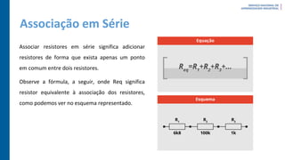 Associação em Série
Associar resistores em série significa adicionar
resistores de forma que exista apenas um ponto
em comum entre dois resistores.
Observe a fórmula, a seguir, onde Req significa
resistor equivalente à associação dos resistores,
como podemos ver no esquema representado.
 