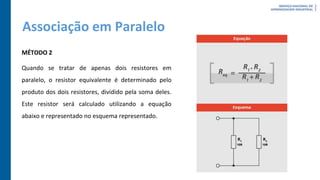 Associação em Paralelo
MÉTODO 2
Quando se tratar de apenas dois resistores em
paralelo, o resistor equivalente é determinado pelo
produto dos dois resistores, dividido pela soma deles.
Este resistor será calculado utilizando a equação
abaixo e representado no esquema representado.
 