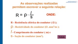As observações realizadas
permitem escrever a seguinte relação:
R s
ρ
= ONDE:
R - Resistência elétrica do condutor ( Ω );
ρ - Resistividade do condutor (Ω .mm2/m );
l- Comprimento do condutor ( m) e
s - Seção do condutor (mm2). Tabela
 