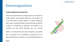 Eletromagnetismo
CAMPO MAGNÉTICO DO CONDUTOR
Vimos que cargas elétricas em repouso geram ao seu redor um
campo elétrico. Uma corrente elétrica em um condutor cria
à sua volta, além do campo elétrico, um campo magnético.
Este campo é justificado devido ao fluxo ordenado de elétrons
e pode ser comprovado ao aproximar uma bússola a um
condutor que está sendo percorrido por uma corrente
elétrica. As linhas de força do campo magnético, que passam
por um condutor, são circunferências concêntricas em um
plano perpendicular ao condutor, como você pôde observar na
figura.
 