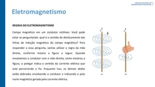 Eletromagnetismo
REGRAS DO ELETROMAGNETISMO
Campo magnético em um condutor retilíneo: Você pode
estar se perguntando: qual é o sentido de deslocamento das
linhas de indução magnética do campo magnético? Para
responder a essa pergunta, vamos utilizar a regra da mão
direita, conforme mostra a figura a seguir. Quando
envolvemos o condutor com a mão direita, como mostrou a
figura, o polegar indica o sentido da corrente elétrica que
está percorrendo o fio. Enquanto isso, os demais dedos
estão dobrados envolvendo o condutor e indicando o polo
norte magnético gerado pela corrente elétrica.
 