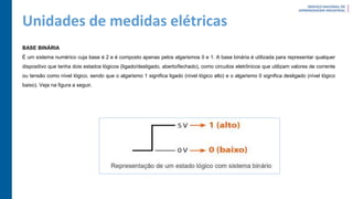 Unidades de medidas elétricas
BASE BINÁRIA
É um sistema numérico cuja base é 2 e é composto apenas pelos algarismos 0 e 1. A base binária é utilizada para representar qualquer
dispositivo que tenha dois estados lógicos (ligado/desligado, aberto/fechado), como circuitos eletrônicos que utilizam valores de corrente
ou tensão como nível lógico, sendo que o algarismo 1 significa ligado (nível lógico alto) e o algarismo 0 significa desligado (nível lógico
baixo). Veja na figura a seguir.
 