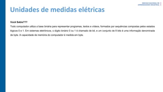 Unidades de medidas elétricas
Você Sabia???
Todo computador utiliza a base binária para representar programas, textos e vídeos, formados por sequências compostas pelos estados
lógicos 0 e 1. Em sistemas eletrônicos, o dígito binário 0 ou 1 é chamado de bit, e um conjunto de 8 bits é uma informação denominada
de byte. A capacidade de memória do computador é medida em byte.
 