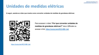 Unidades de medidas elétricas
A seguir, assista ao vídeo que mostra como converter unidades de medidas de grandezas elétricas:
https://youtu.be/cRC3-BB-1aA
 
