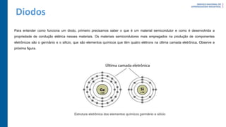 Diodos
Para entender como funciona um diodo, primeiro precisamos saber o que é um material semicondutor e como é desenvolvida a
propriedade de condução elétrica nesses materiais. Os materiais semicondutores mais empregados na produção de componentes
eletrônicos são o germânio e o silício, que são elementos químicos que têm quatro elétrons na última camada eletrônica. Observe a
próxima figura.
 