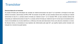 Transistor
Estrutura básica de um transistor
As junções formadas pela intercalação das camadas de material semicondutor dos tipos P ou N permitem a formação de dois tipos
distintos de transistor, denominados de NPN e PNP. No transistor do tipo NPN, as duas camadas externas são compostas por material
semicondutor do tipo N e a camada central é formada por material do tipo P. Já no transistor PNP, as duas camadas externas são
compostas por material semicondutor do tipo P e a camada central é formada por material do tipo N. Os dois tipos de transistores têm a
mesma funcionalidade nos circuitos eletrônicos e a diferença entre eles está relacionada à forma como eles são conectados no circuito.
Na literatura técnica, os transistores do tipo bipolares são referenciados pela sigla BJT, que significa bipolar junction transistor (em
tradução livre, transistor de junção bipolar).
 